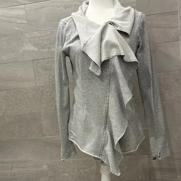 Free People Terry Light Gray Ruffle Asymmetric Cardigan jacket sweatshirt large - Picture 1 of 13